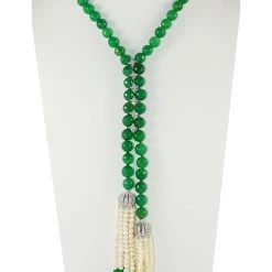 Cheap ⭐ Savvy Cie Jewels 👩 women 48" Green Agate And Cultured Pearl Tassel Necklace Embelished With Cz Stations 🎁